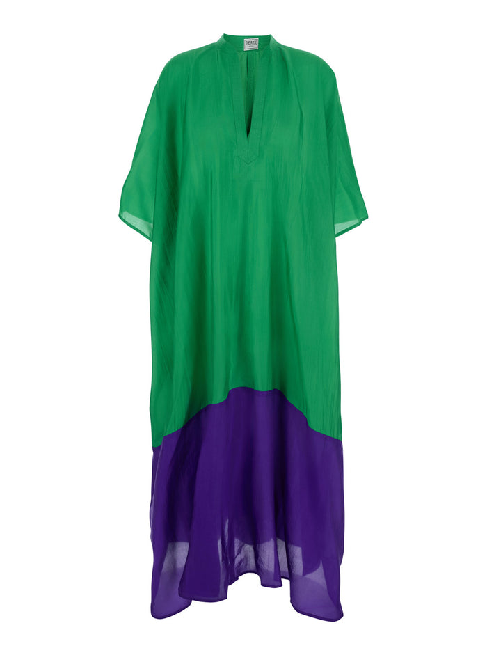 Bicolor Kaftan Two Tone Tunic With V-Neck Green Viscose For Women Beachwear