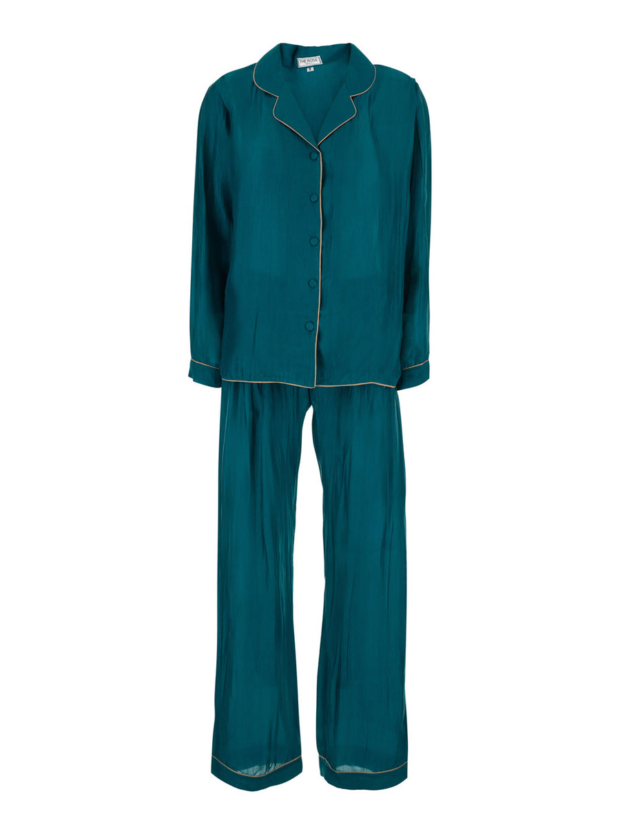 Suit Set With Shirt And Trousers, Blue Silk Blend Trouser Suits