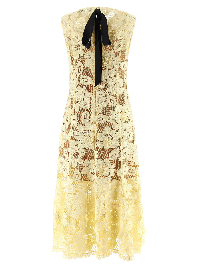 Yellow crochet lace midi dress Polyester