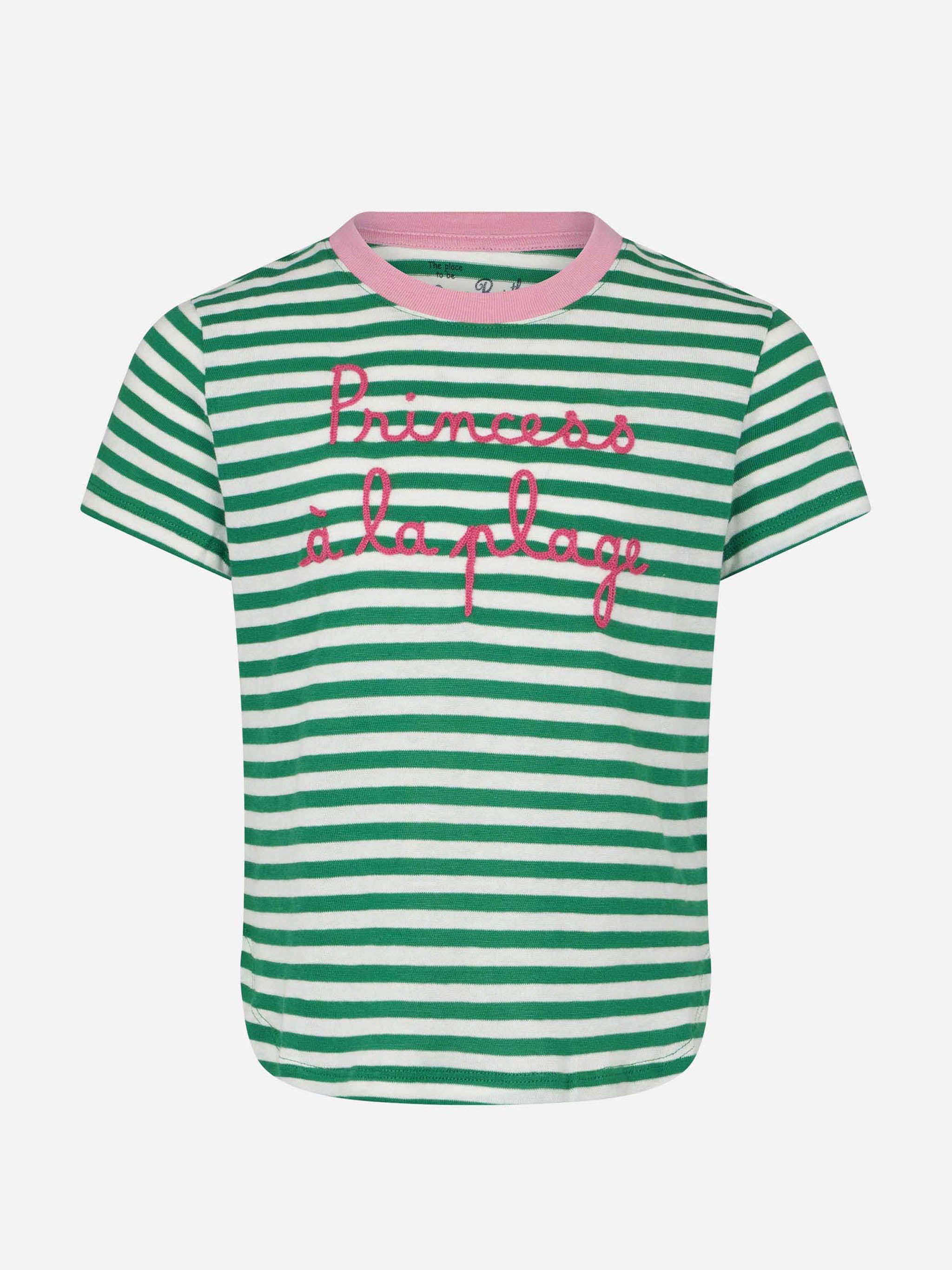 Girl T-Shirt With Stripes And Embroidery Green