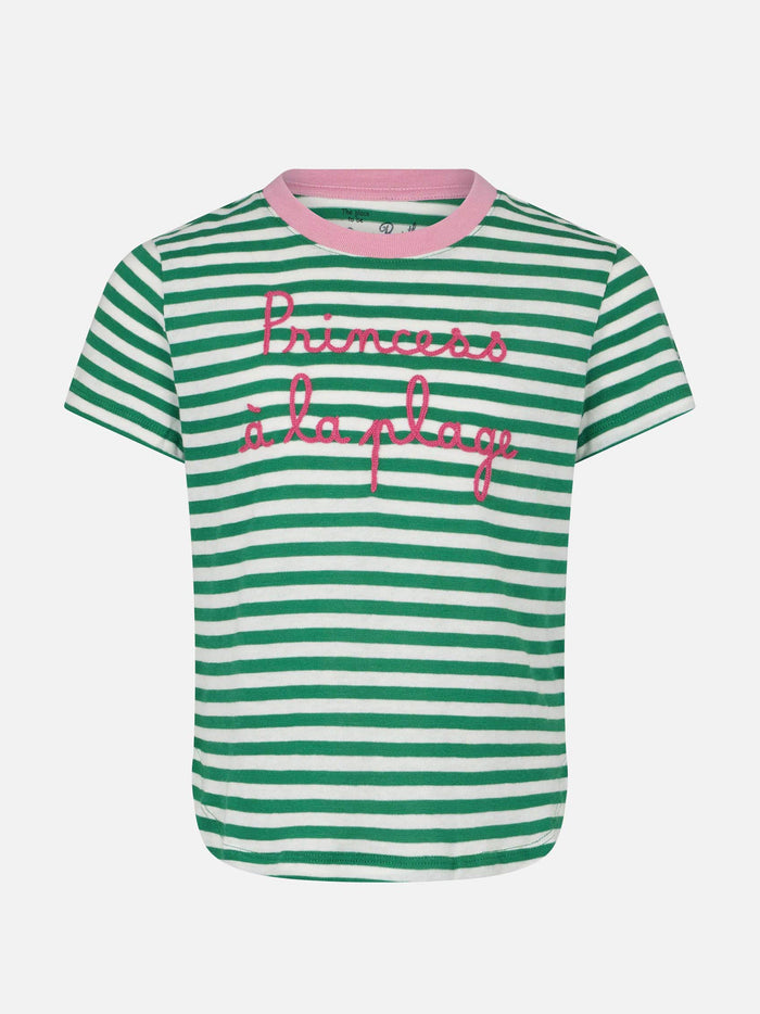 Girl T-Shirt With Stripes And Embroidery Green