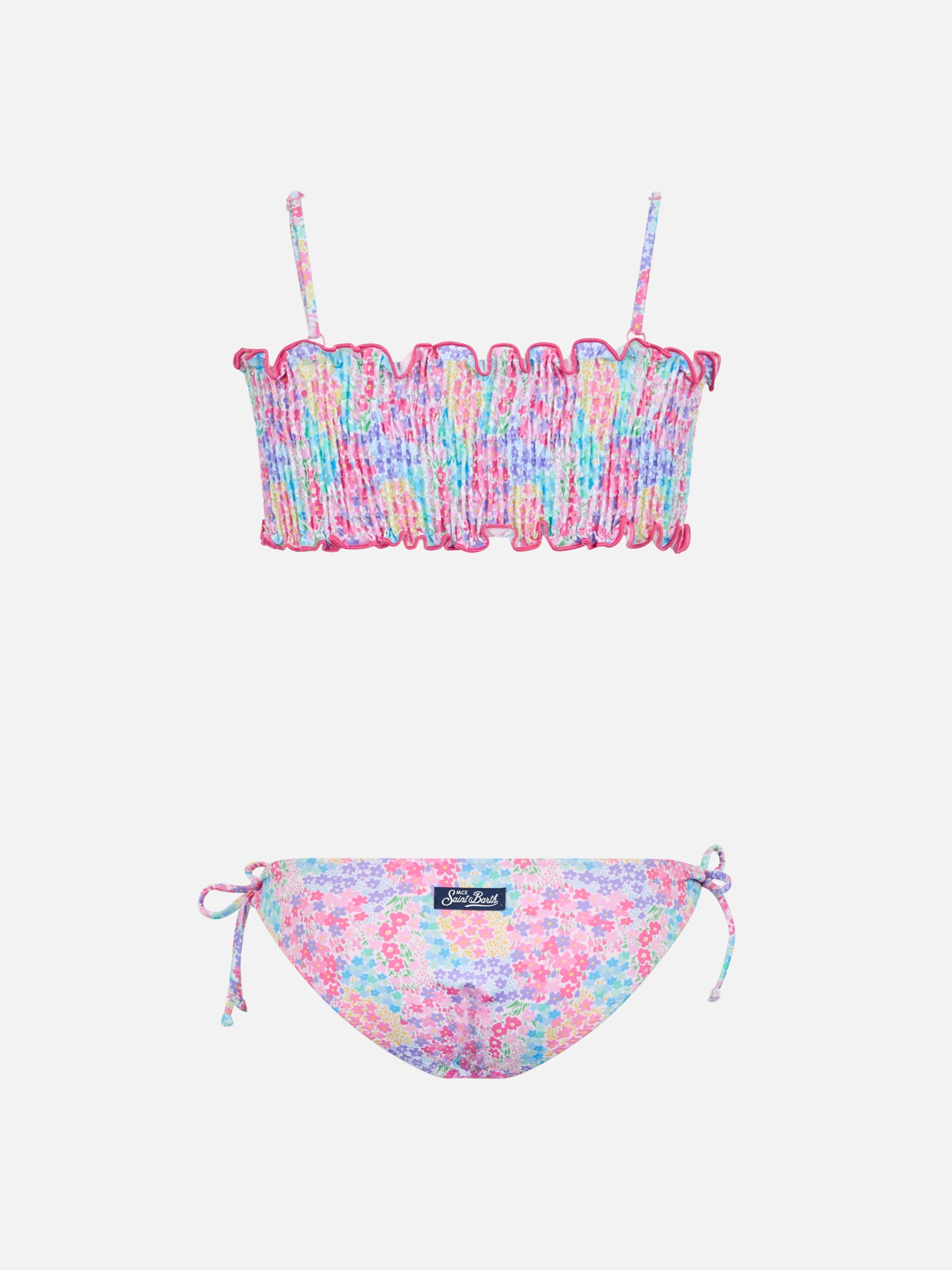 Girl Smocked Point Embroidery Bikini Tilly With Flower Print Pink