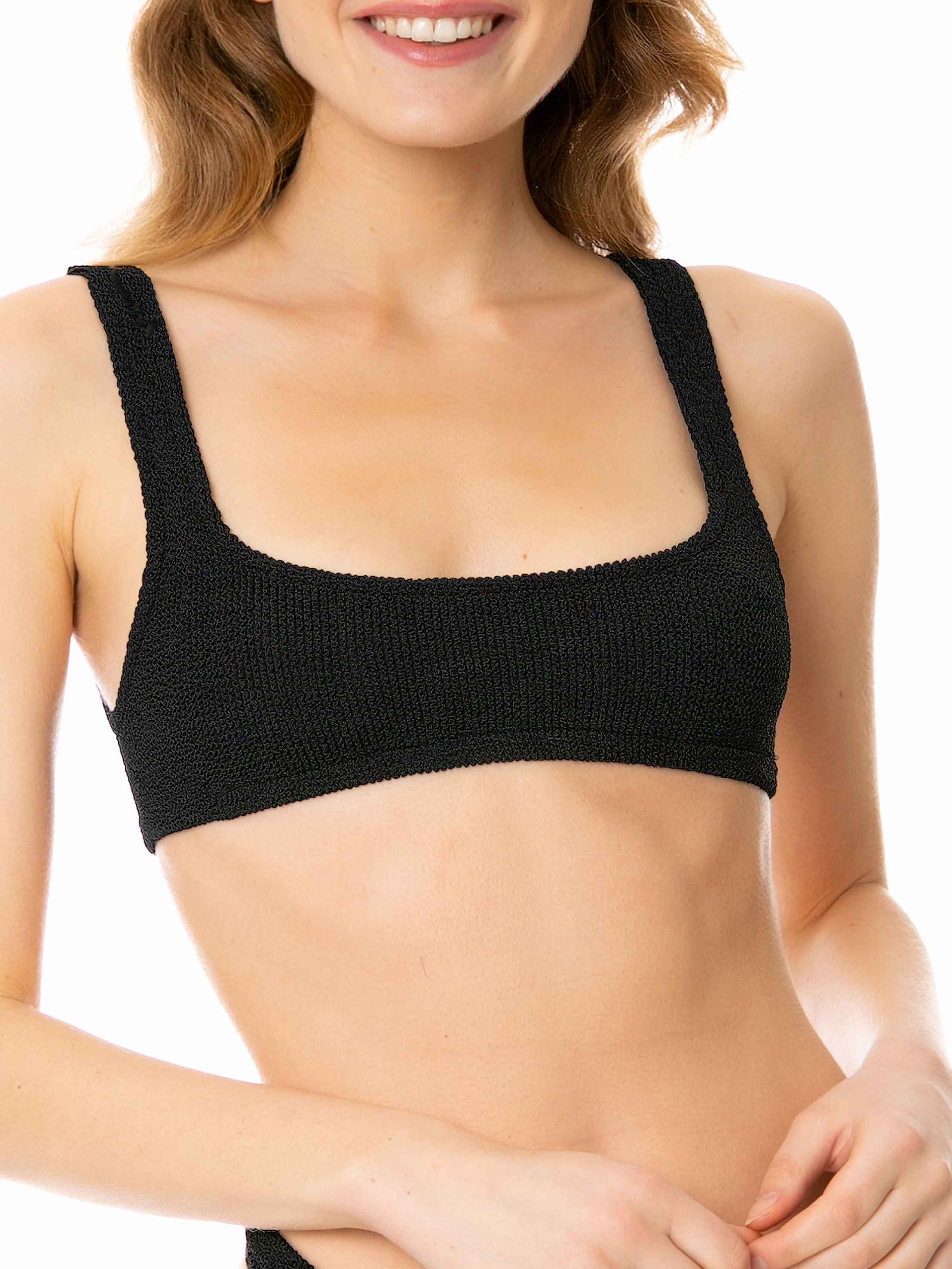 Woman Black Crinkle Bralette Top Swimsuit