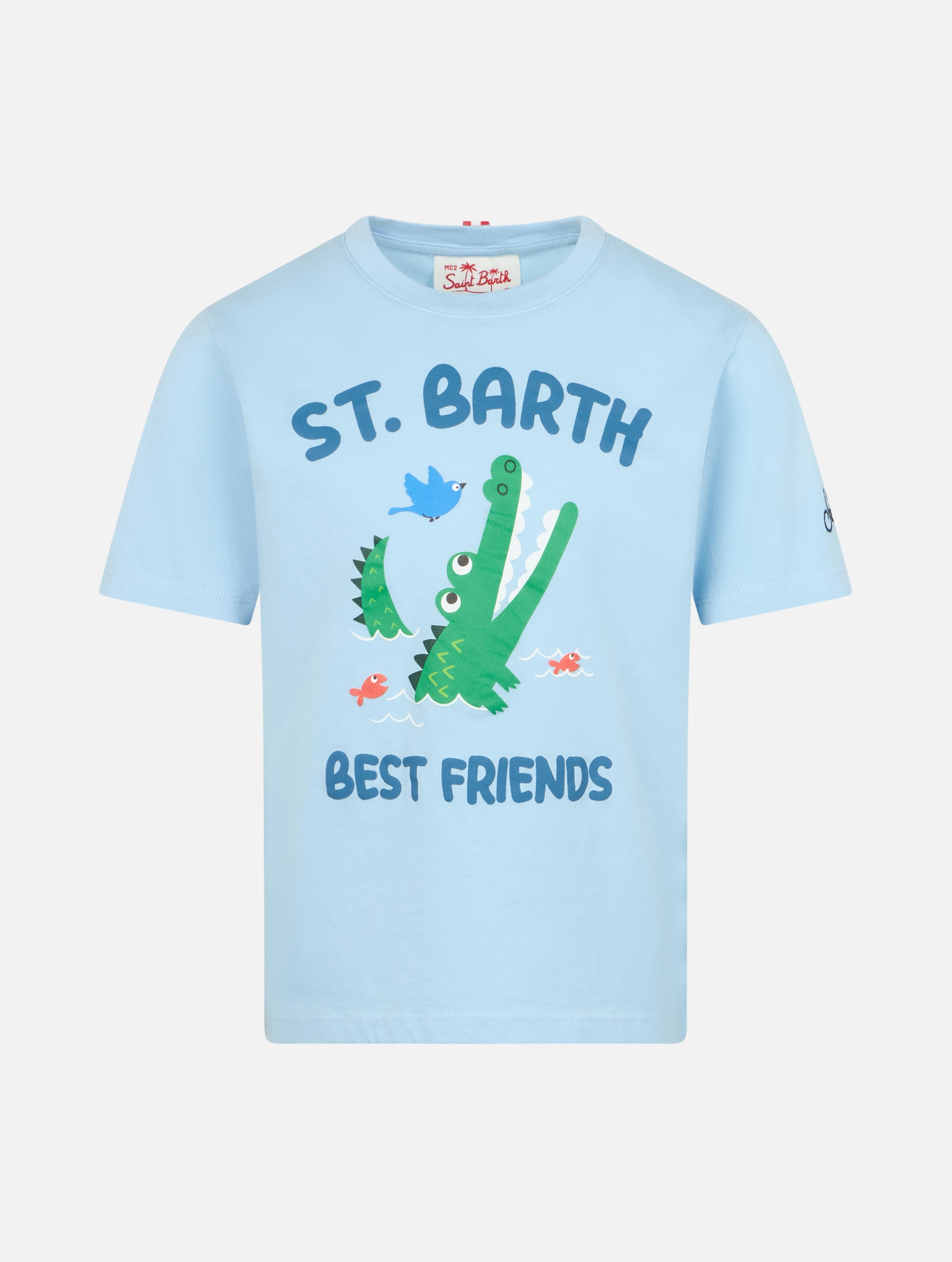 Boy Cotton T-Shirt With St. Barth Best Friends Croco Print Sky