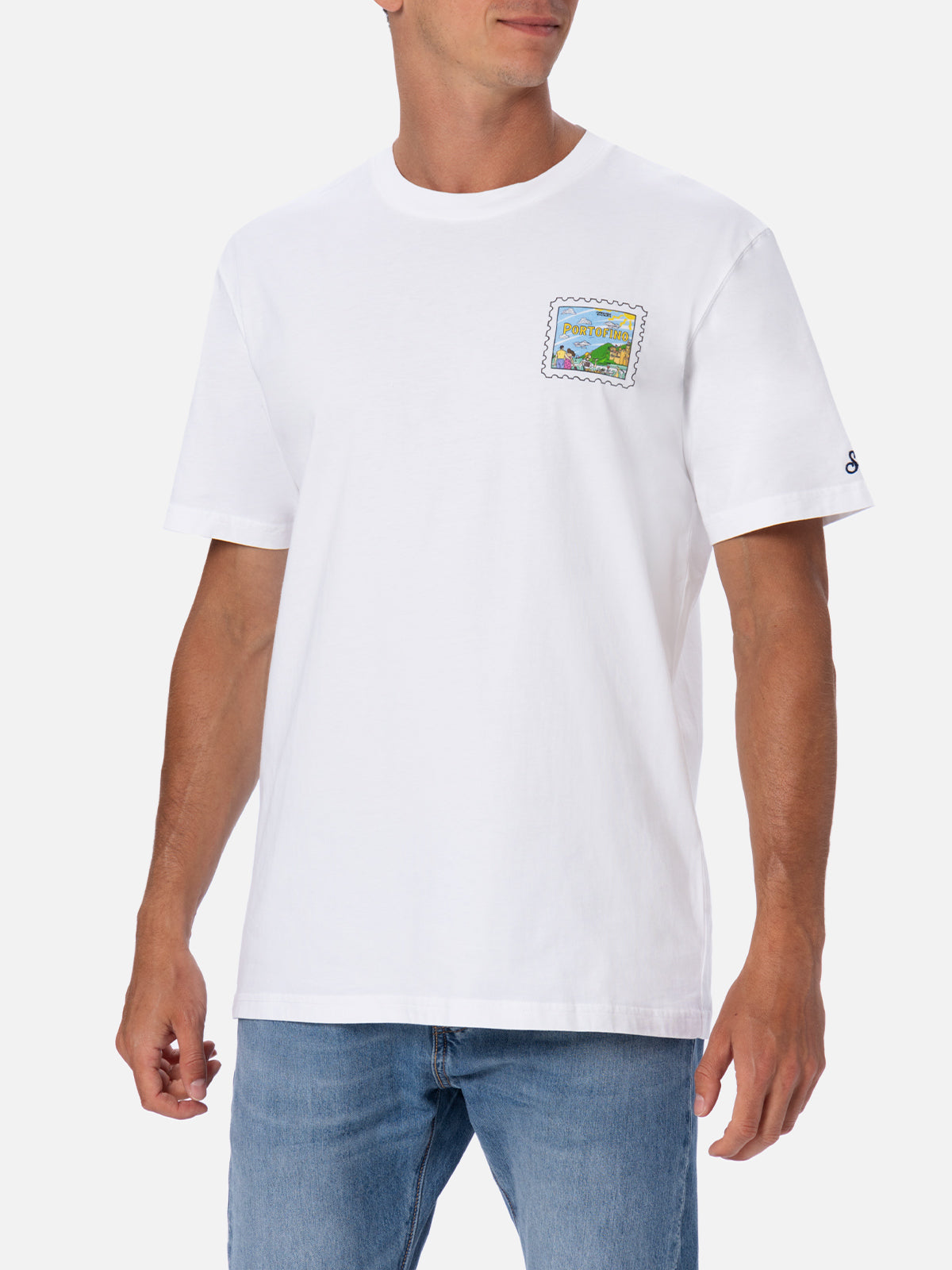 Man Cotton T-Shirt With Portofino Postcard Front And Back Print | Alessandro Enriquez Special Edition White
