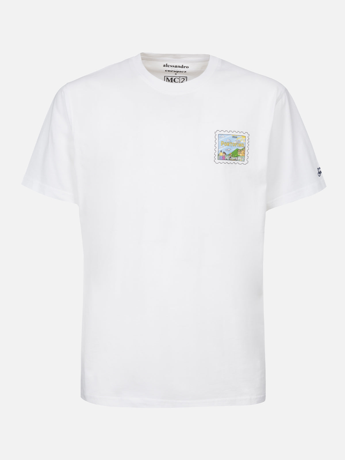 Man Cotton T-Shirt With Portofino Postcard Front And Back Print | Alessandro Enriquez Special Edition White