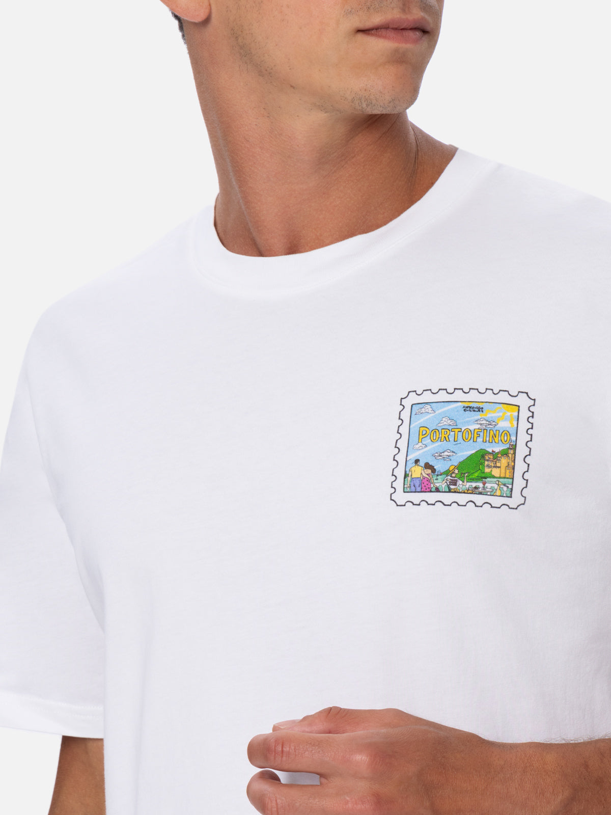 Man Cotton T-Shirt With Portofino Postcard Front And Back Print | Alessandro Enriquez Special Edition White