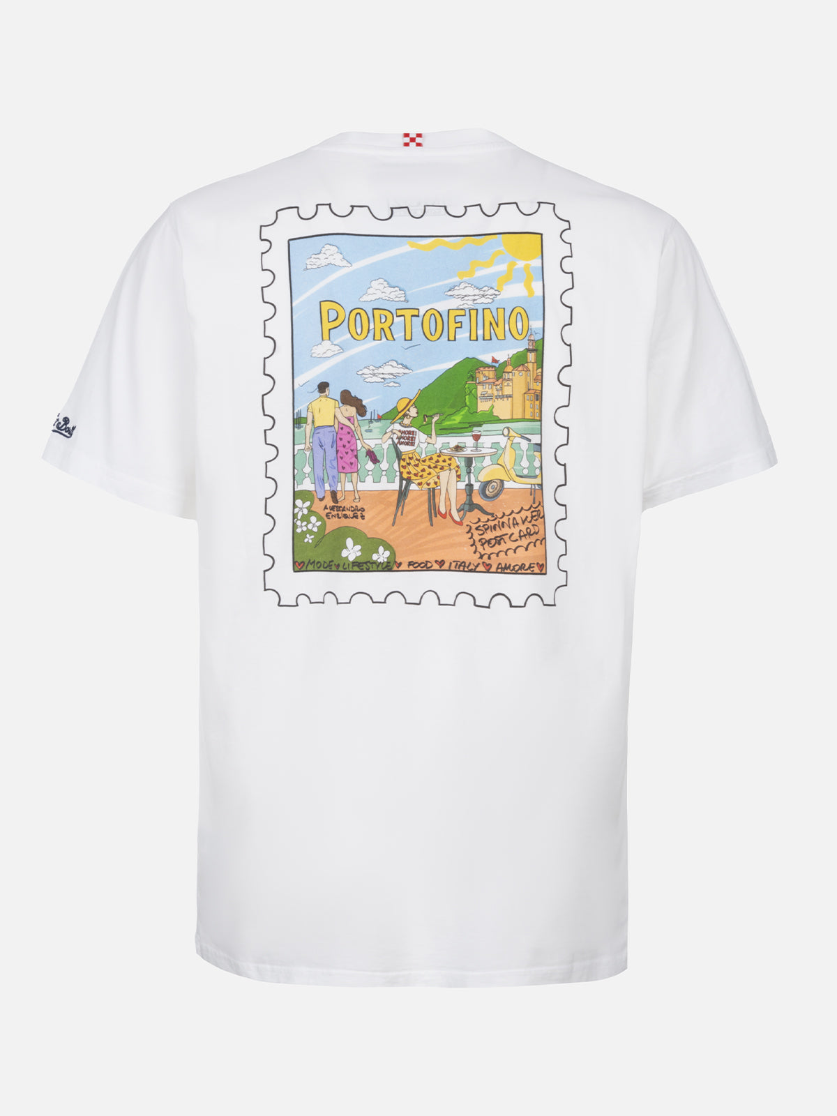 Man Cotton T-Shirt With Portofino Postcard Front And Back Print | Alessandro Enriquez Special Edition White