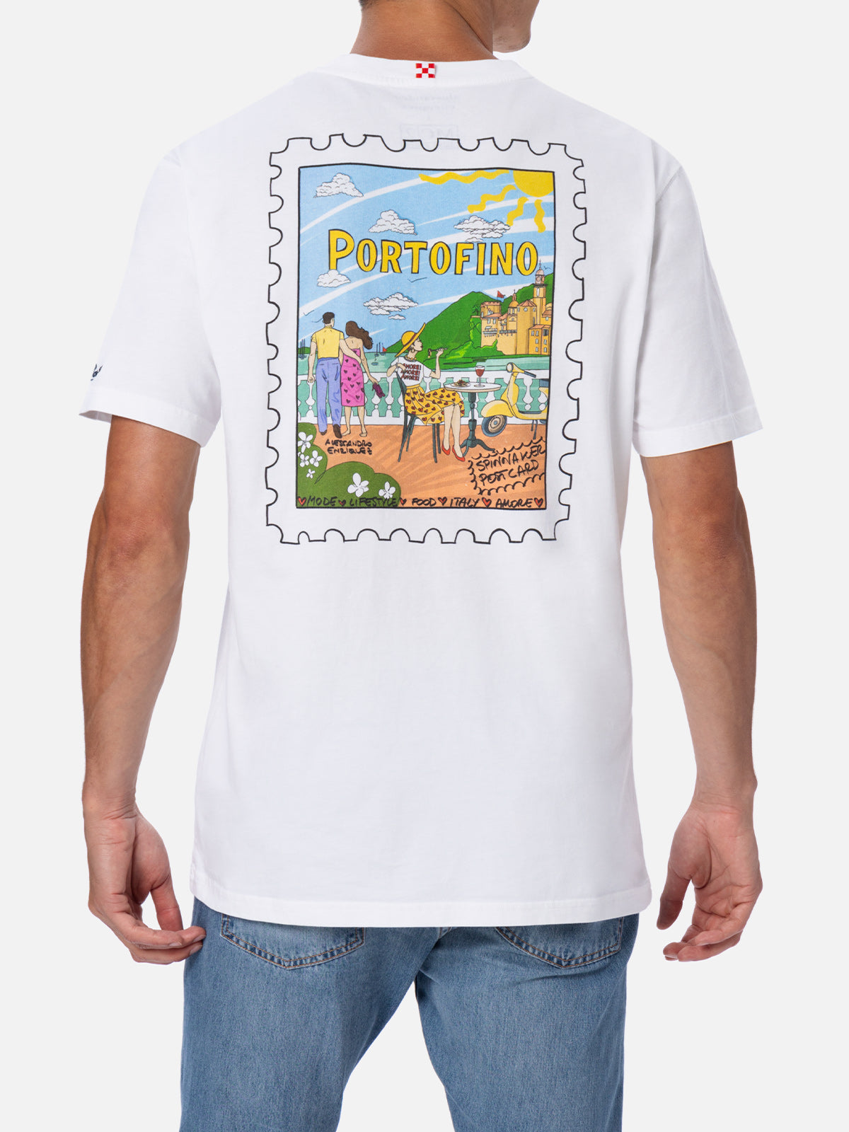 Man Cotton T-Shirt With Portofino Postcard Front And Back Print | Alessandro Enriquez Special Edition White
