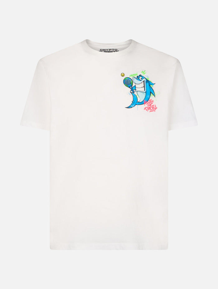 Man Cotton T-Shirt With Crypto Puppets Shark Padel Front And Back Placed Print | Special Edition White