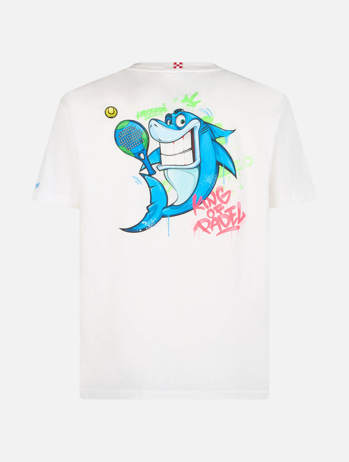 Man Cotton T-Shirt With Crypto Puppets Shark Padel Front And Back Placed Print | Special Edition White