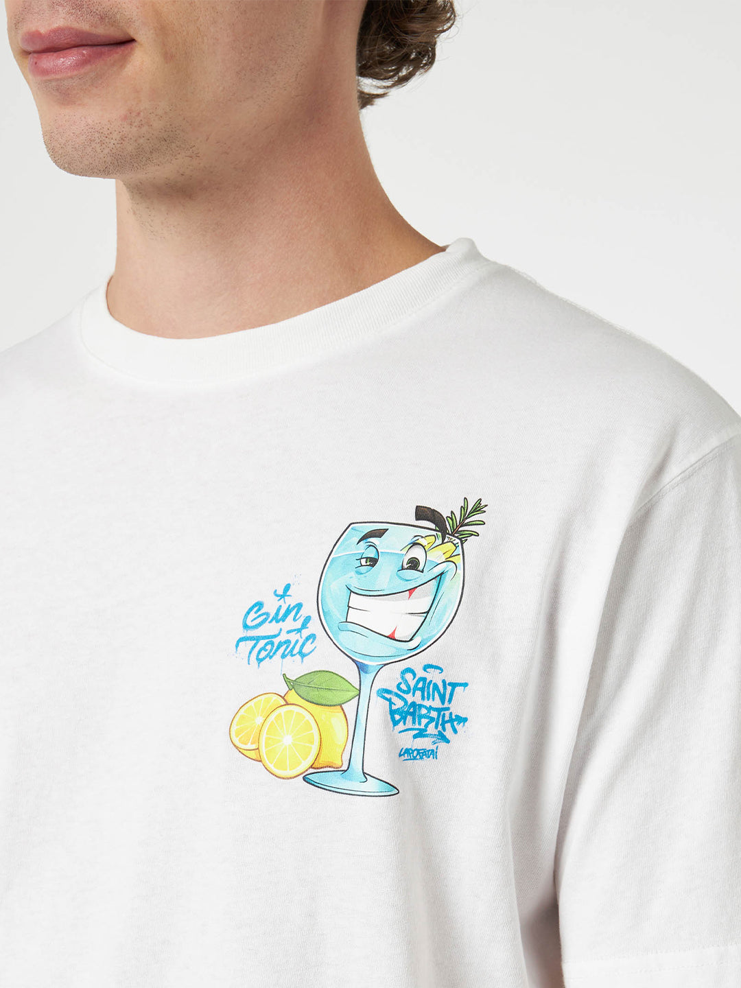 Cotton T-Shirt With Cryptopuppets Cocktail Gin Tonic Front And Back Placed Print | Special Edition White