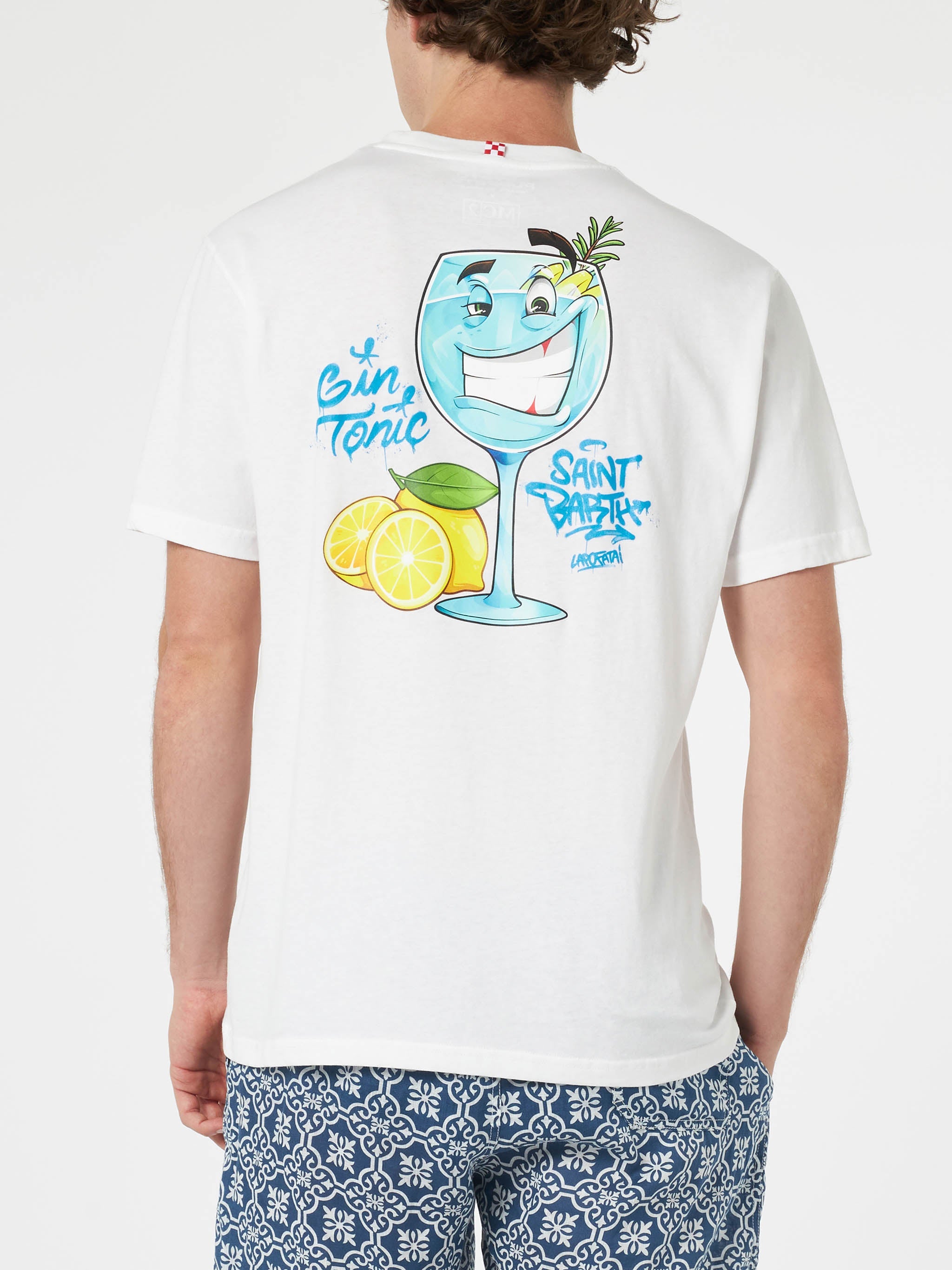 Cotton T-Shirt With Cryptopuppets Cocktail Gin Tonic Front And Back Placed Print | Special Edition White