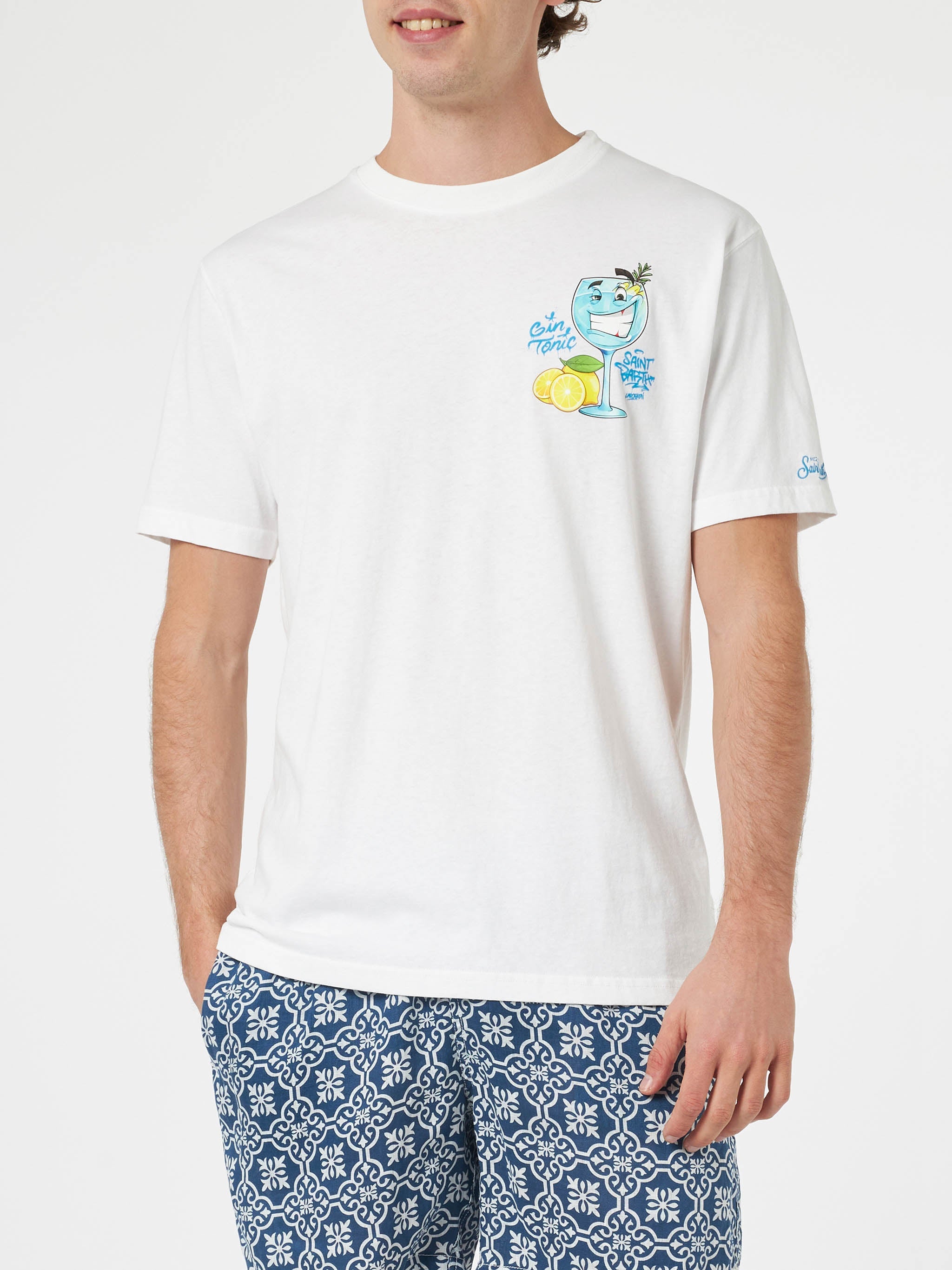 Cotton T-Shirt With Cryptopuppets Cocktail Gin Tonic Front And Back Placed Print | Special Edition White