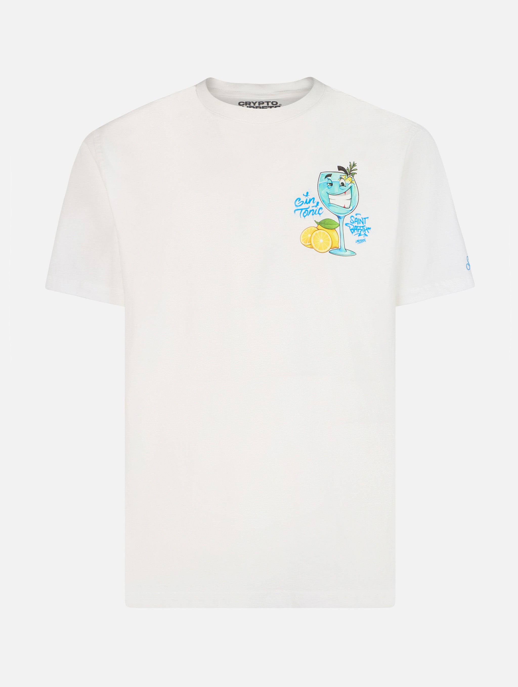 Cotton T-Shirt With Cryptopuppets Cocktail Gin Tonic Front And Back Placed Print | Special Edition White