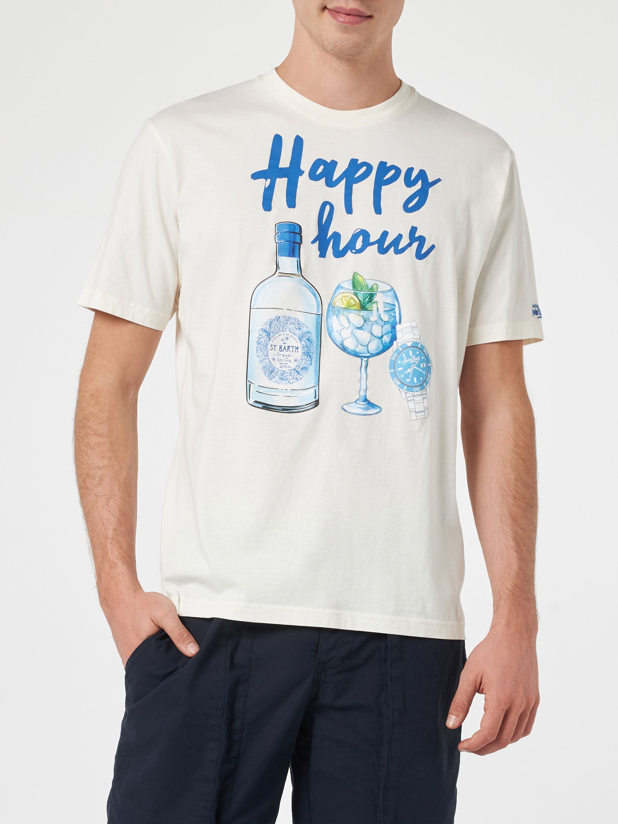 Man Cotton T-Shirt With Happy Hour Placed Print White