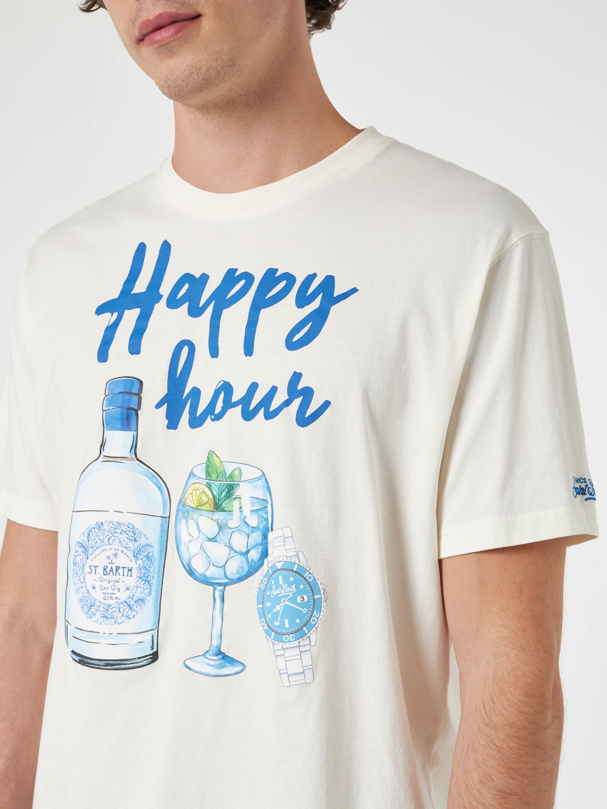 Man Cotton T-Shirt With Happy Hour Placed Print White