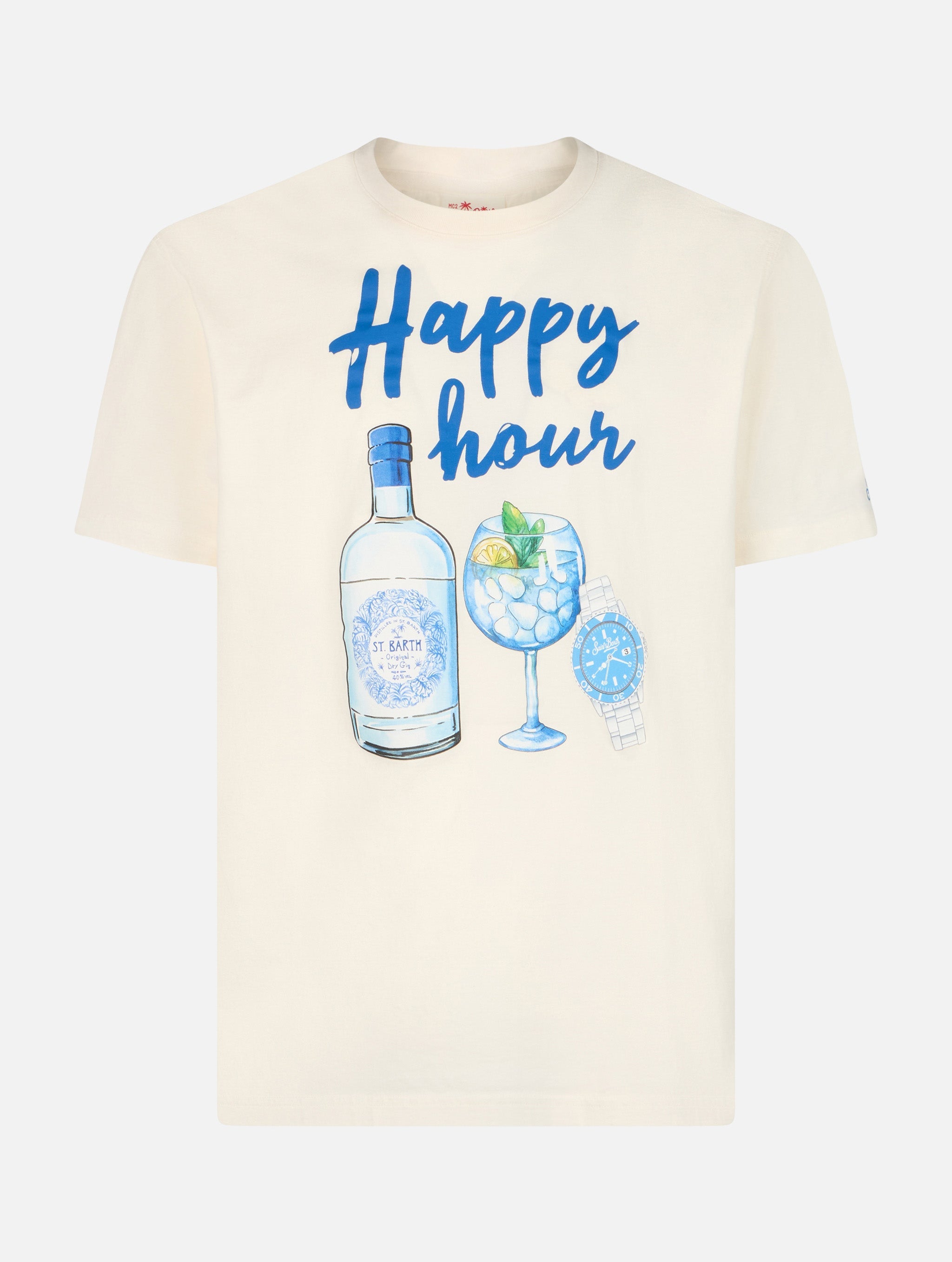 Man Cotton T-Shirt With Happy Hour Placed Print White