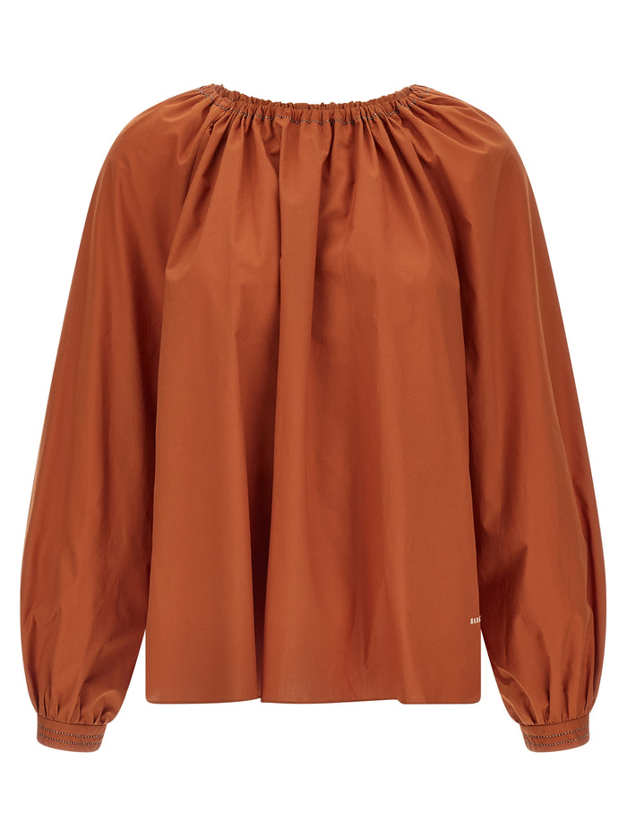 Boat Neck Blouse Orange Cotton Shirt