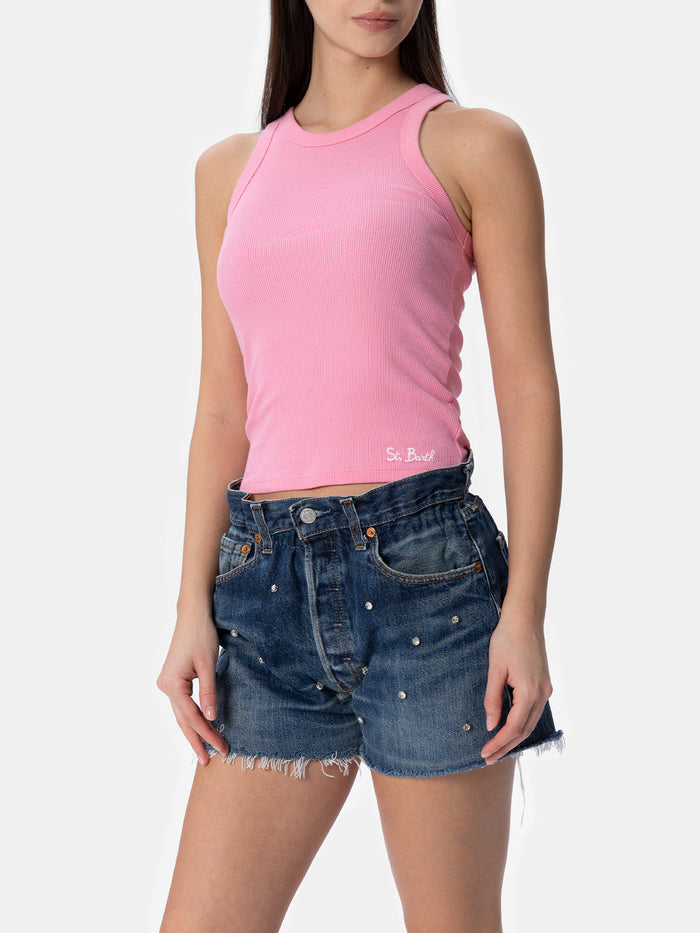 Ada Pink Ribbed Cotton Tank Top Top_apparel
