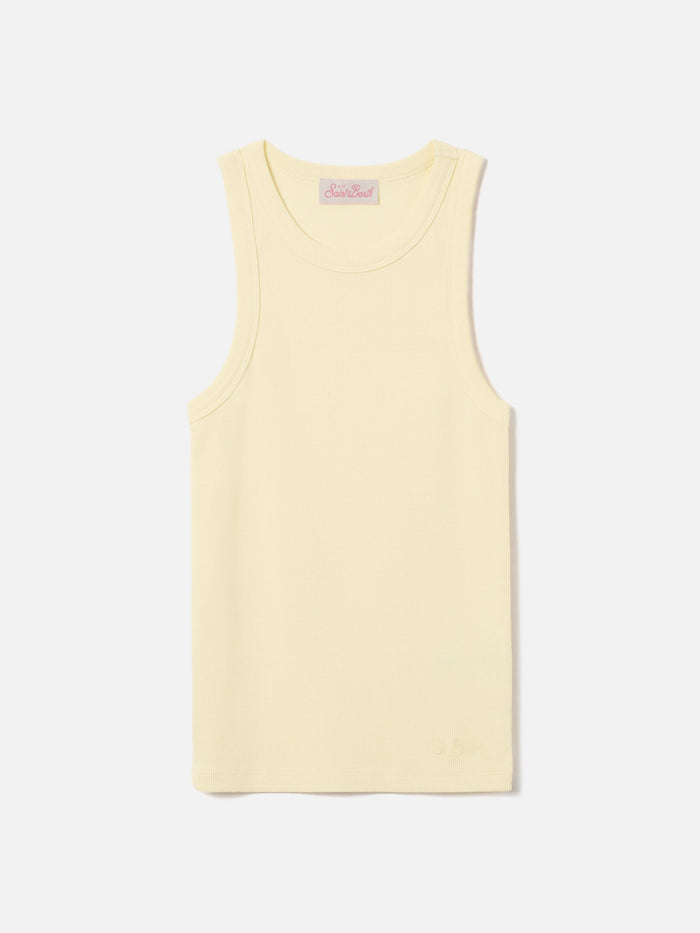 Yellow Ribbed Ada Tank Top With Embroidery Top_apparel