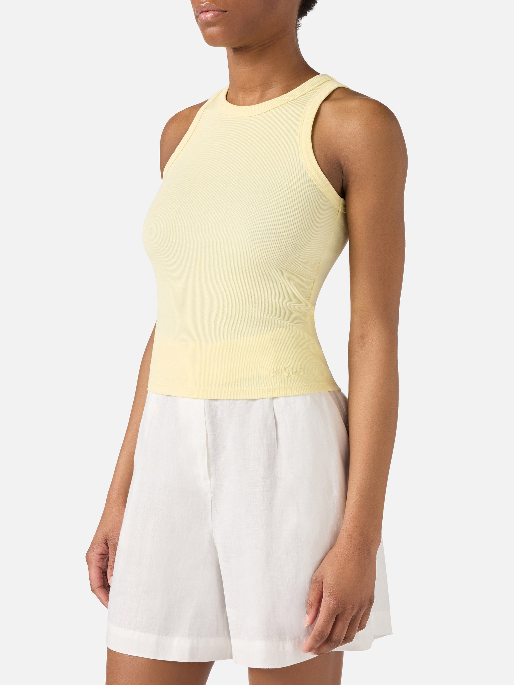 Yellow Ribbed Ada Tank Top With Embroidery Top_apparel