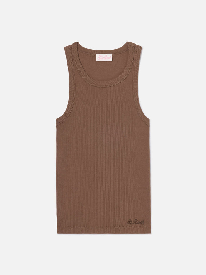 Brown Ribbed Ada Tank Top With Embroidery Top_apparel