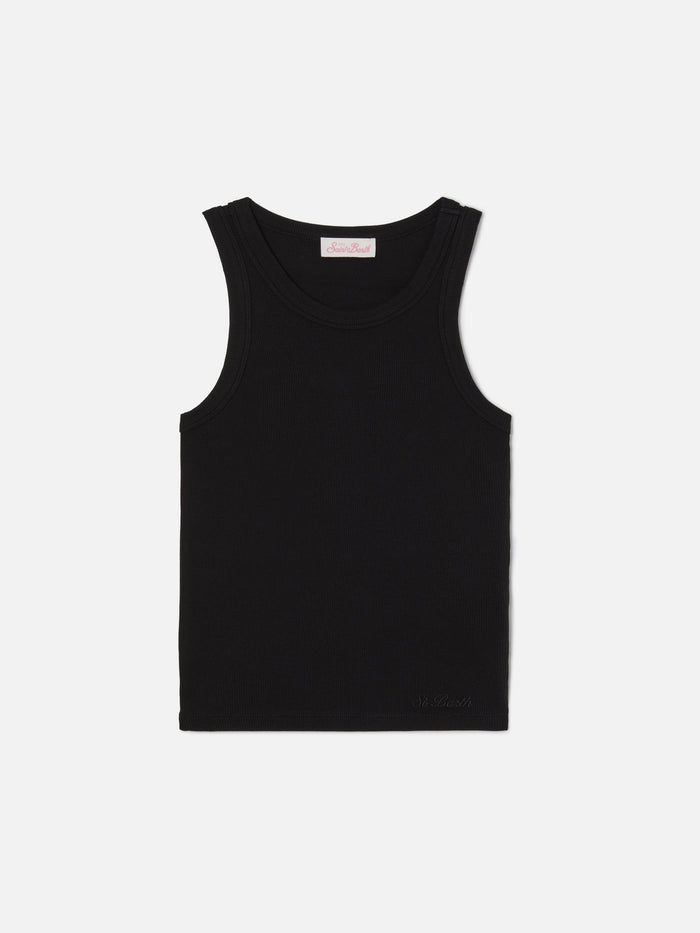 Black Ribbed Ada Tank Top With Embroidery Top_apparel