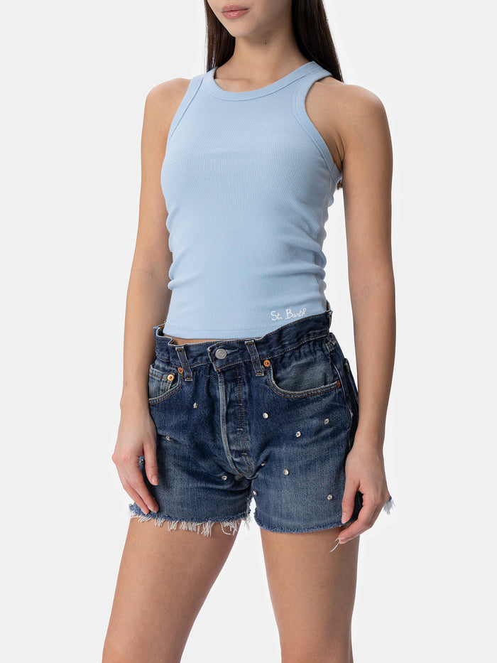 Ada Light Blue Ribbed Cotton Tank Top Top_apparel