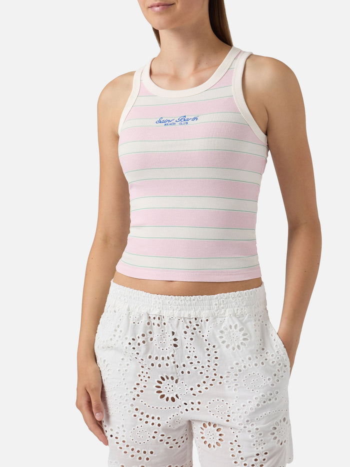 Pink Striped Ada Tank Top With Beach Club Embroidery Top_apparel