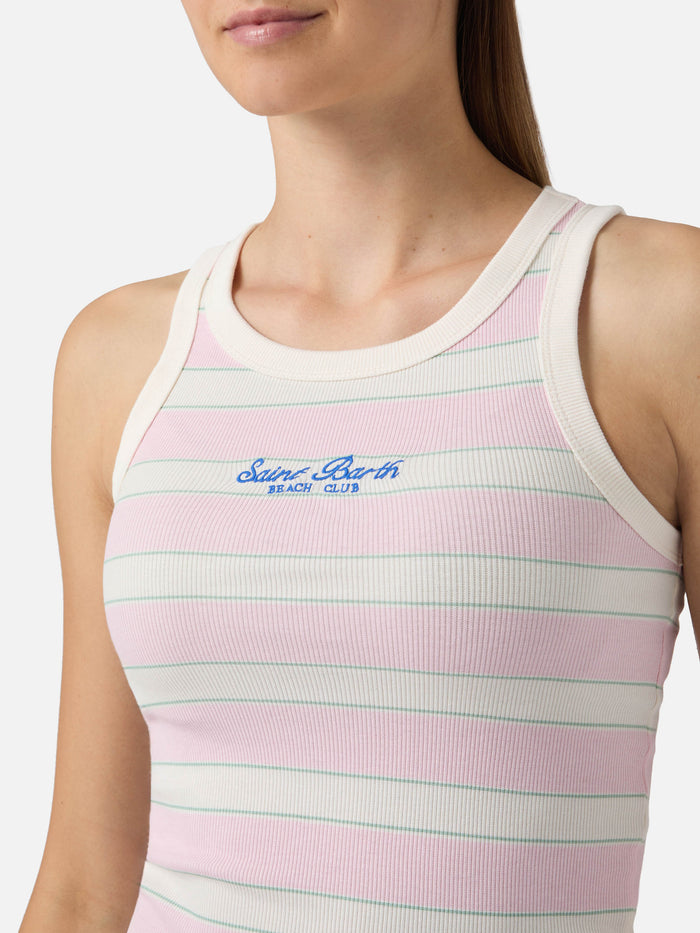 Pink Striped Ada Tank Top With Beach Club Embroidery Top_apparel