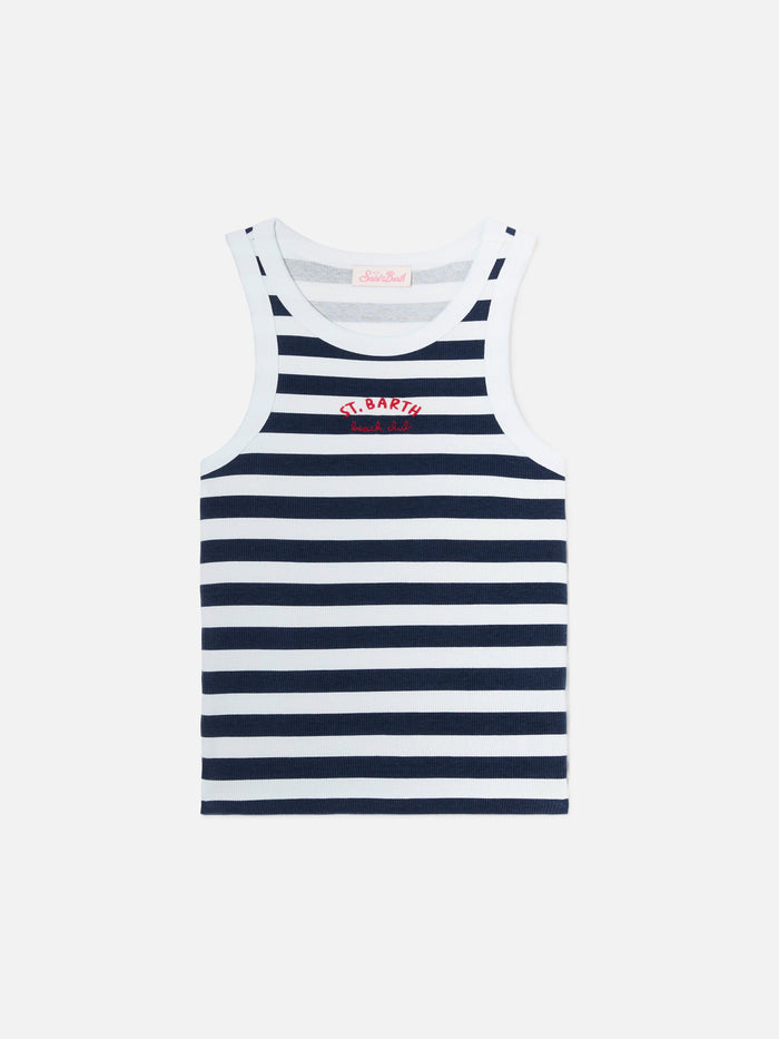 Blue Striped Ada Tank Top With Beach Club Embroidery Top_apparel