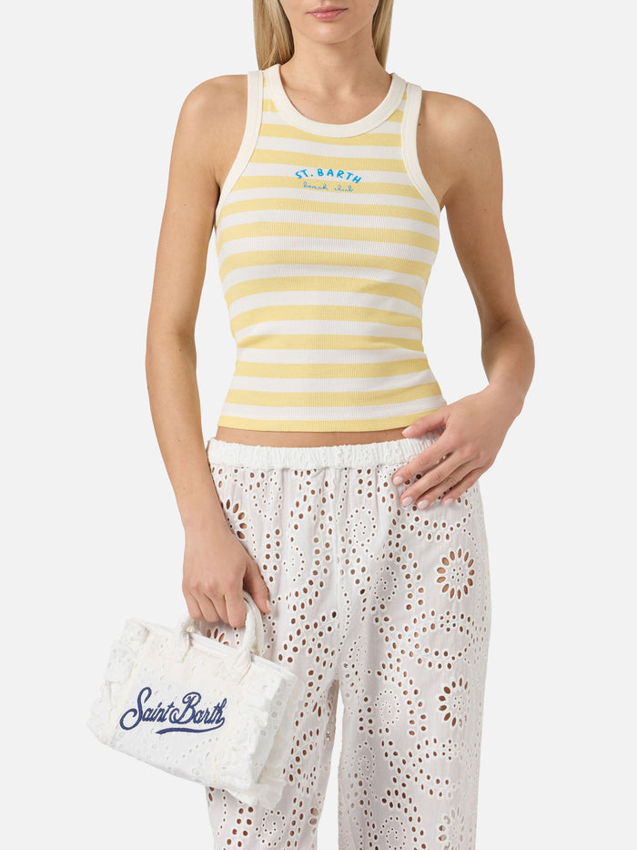 Yellow Striped Ada Tank Top With Beach Club Embroidery Top_apparel