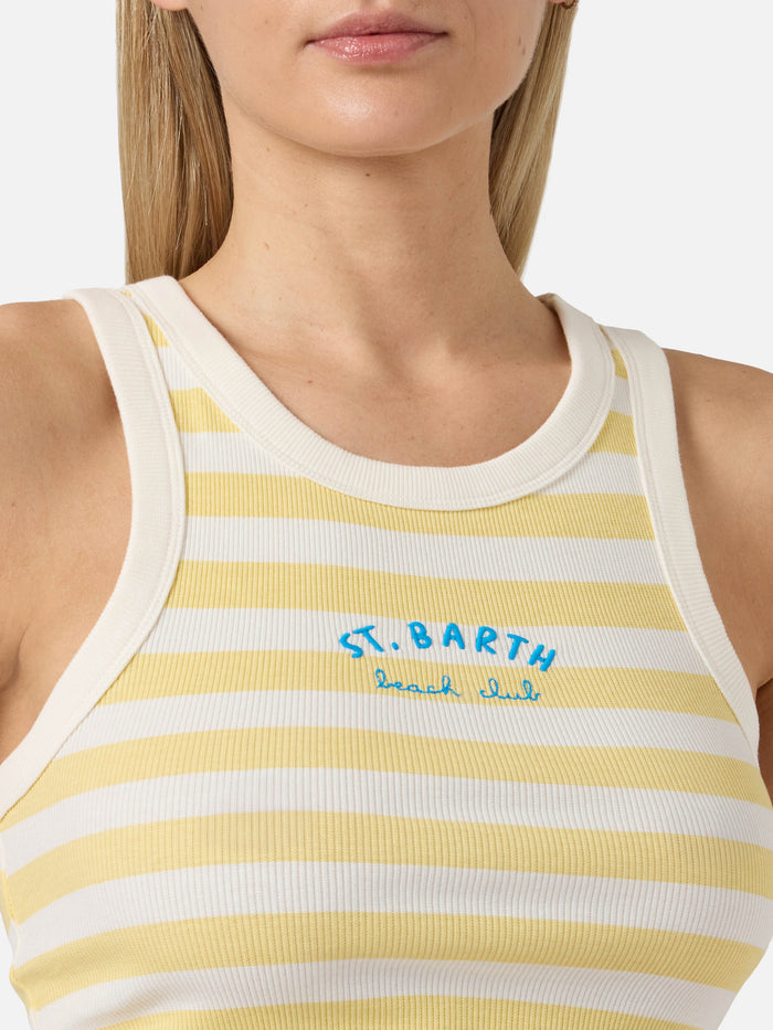 Yellow Striped Ada Tank Top With Beach Club Embroidery Top_apparel