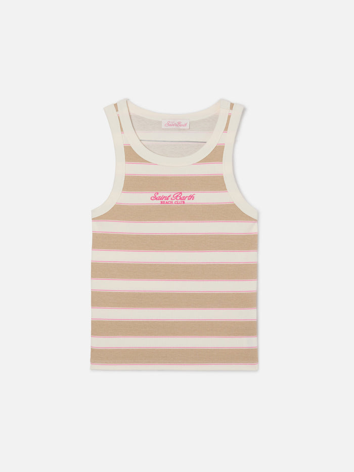 Beige Striped Ada Tank Top With Beach Club Embroidery Brown Top_apparel