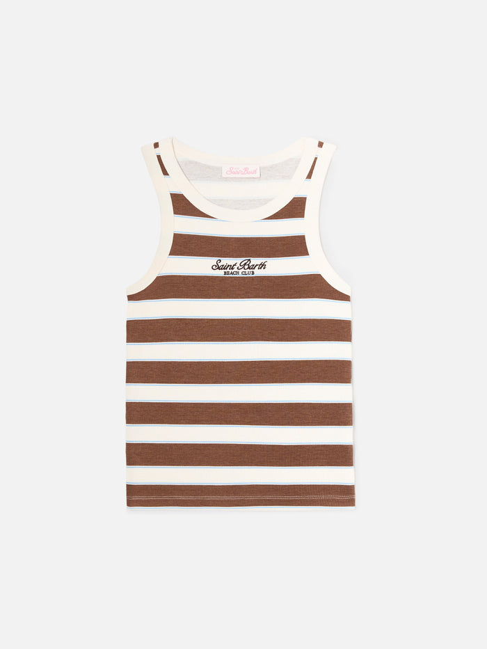 Brown Striped Ada Tank Top With Beach Club Embroidery Top_apparel