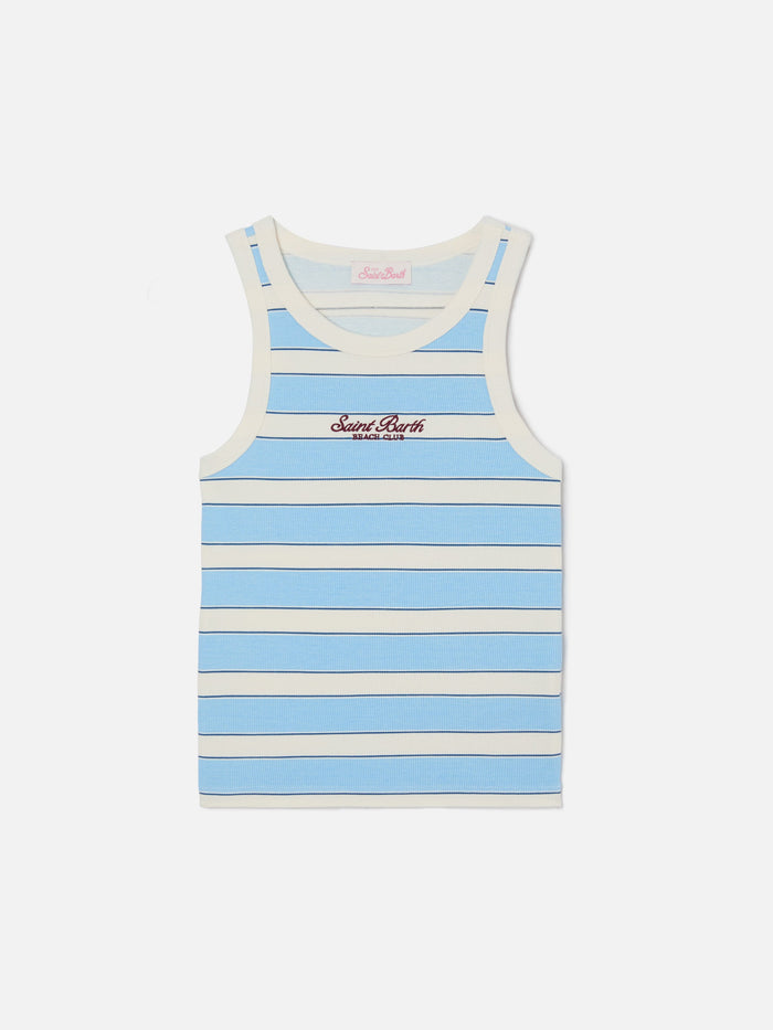 Light Blue Striped Ada Tank Top With Beach Club Embroidery Top_apparel