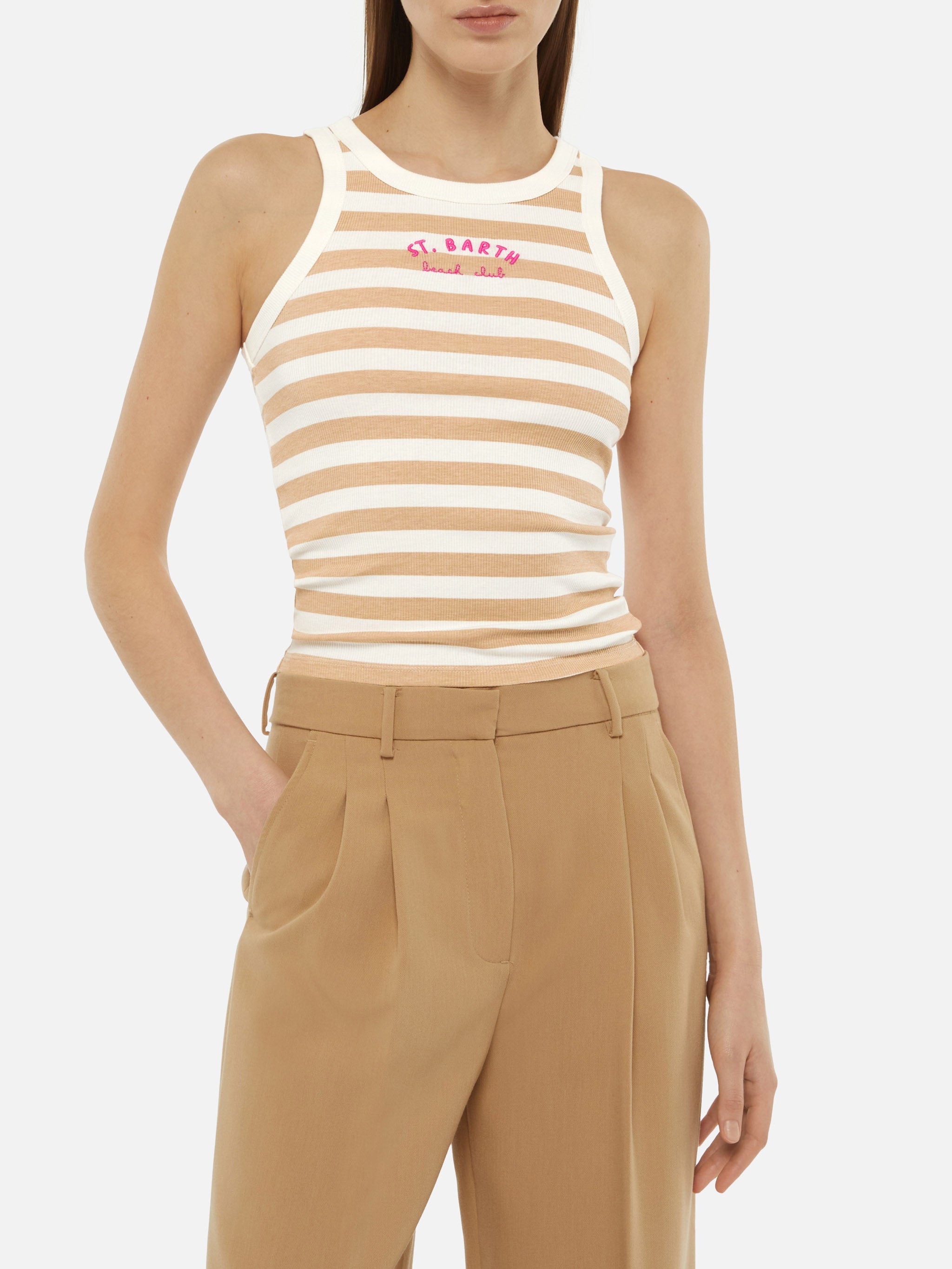 Ada Striped Ribbed Cotton Tank Top Brown Top_apparel