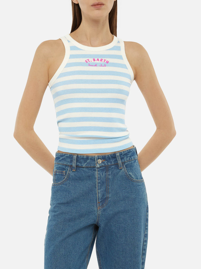 Ada Striped Ribbed Cotton Tank Top Blue Top_apparel