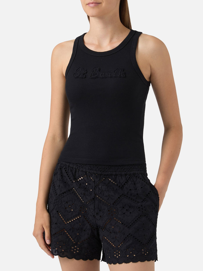 Ribbed Black Ada Tank Top With Raised Logo Patch Top_apparel