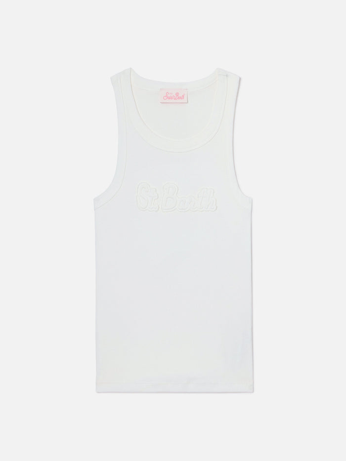 Ribbed White Ada Tank Top With Raised Logo Patch Top_apparel