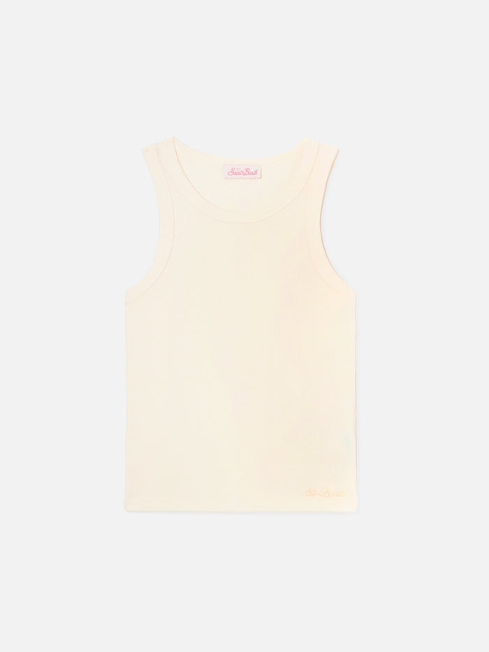 White Ribbed Ada Tank Top With Embroidery Top_apparel
