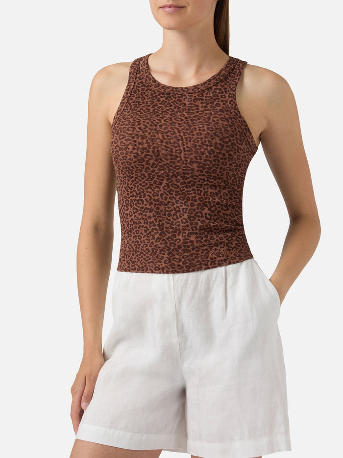 Leopard Print Ribbed Ada Tank Top With Embroidery Brown Top_apparel