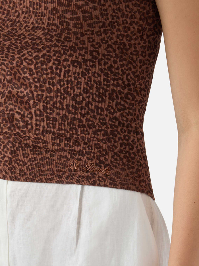 Leopard Print Ribbed Ada Tank Top With Embroidery Brown Top_apparel