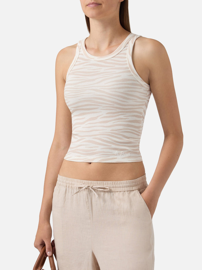 Zebra Print Ribbed Ada Tank Top With Embroidery White Top_apparel