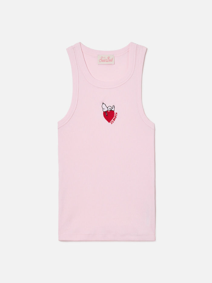 Pink Ribbed Ada Tank Top With Snoopy Print And St. Barth Lover Embroidery | Special Edition Top_apparel
