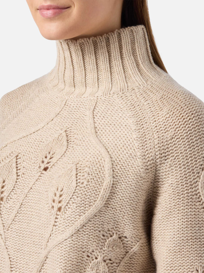 Beige High-Neck Alais Sweater Cashmere Blend With 3d Flowers