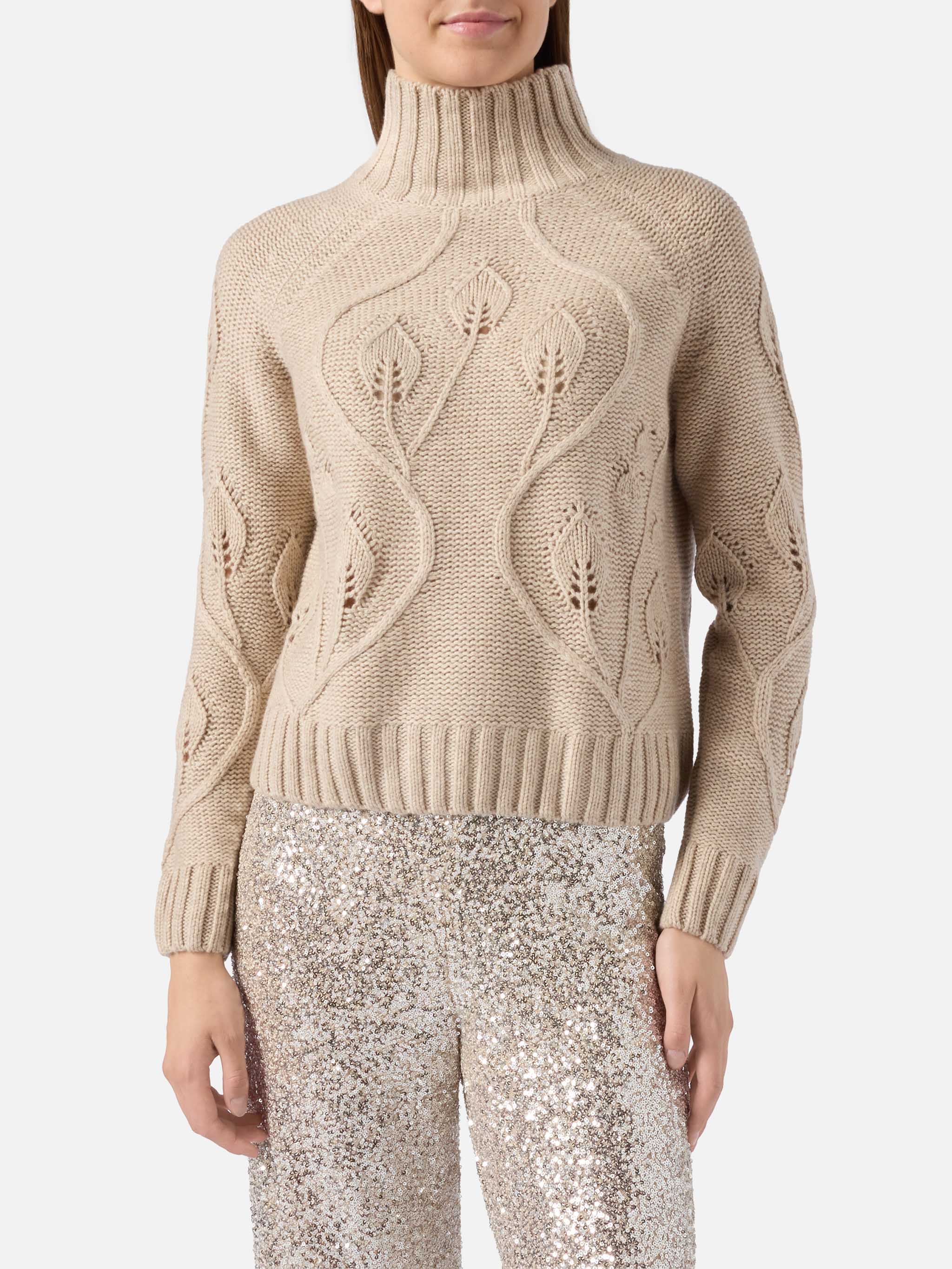 Beige High-Neck Alais Sweater Cashmere Blend With 3d Flowers