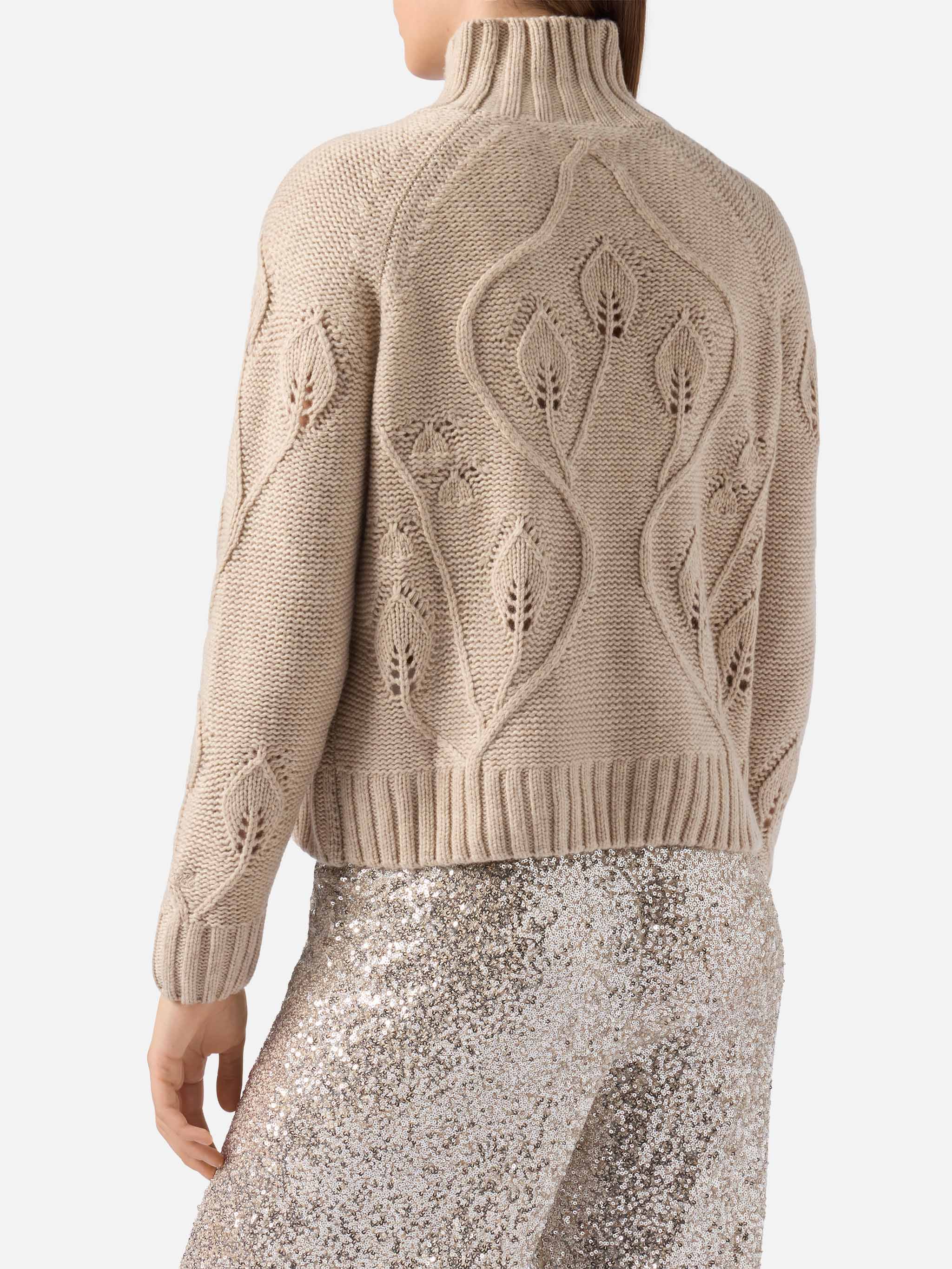 Beige High-Neck Alais Sweater Cashmere Blend With 3d Flowers