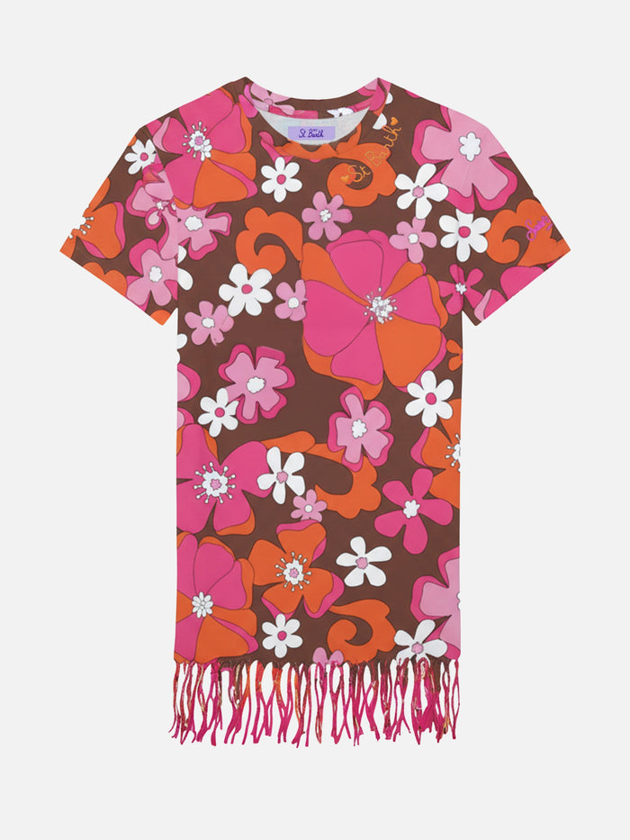 Abbey Dress With Fringes And Retro Flower Print Brown